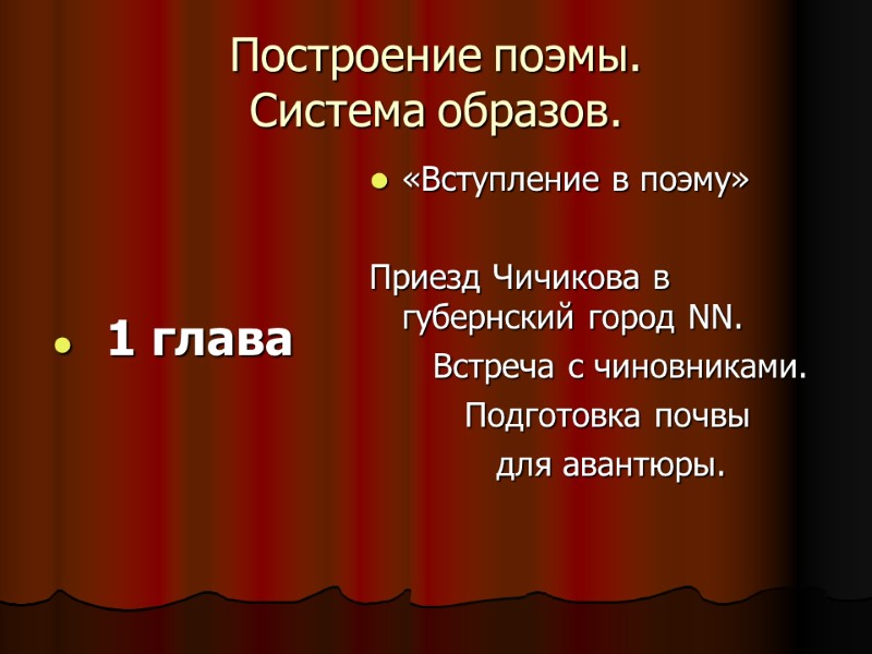 Построение поэмы. Система образов.      1 глава «Вступление в поэму»